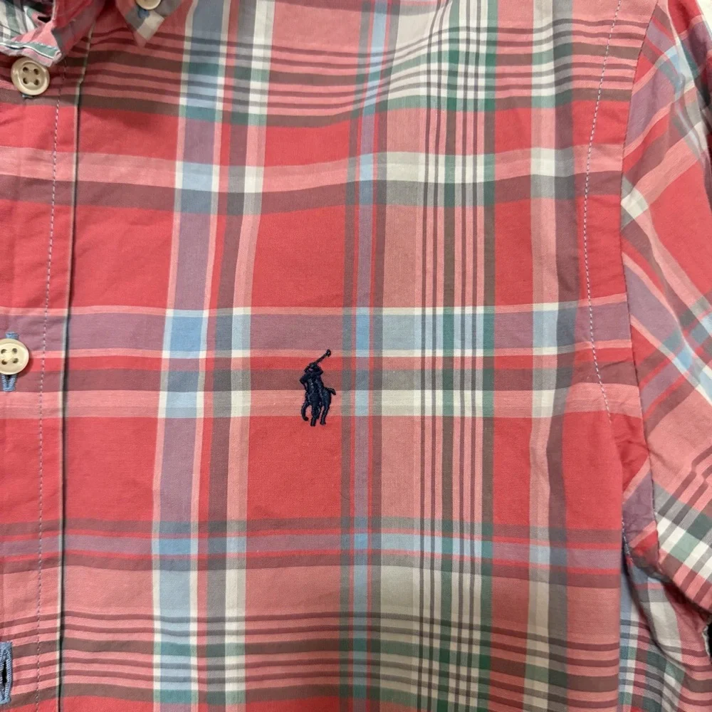 Ralph Lauren Shirt Boys Sz XL 18/20 Red Gray Plaid‎ Long Sleeve Button Up
